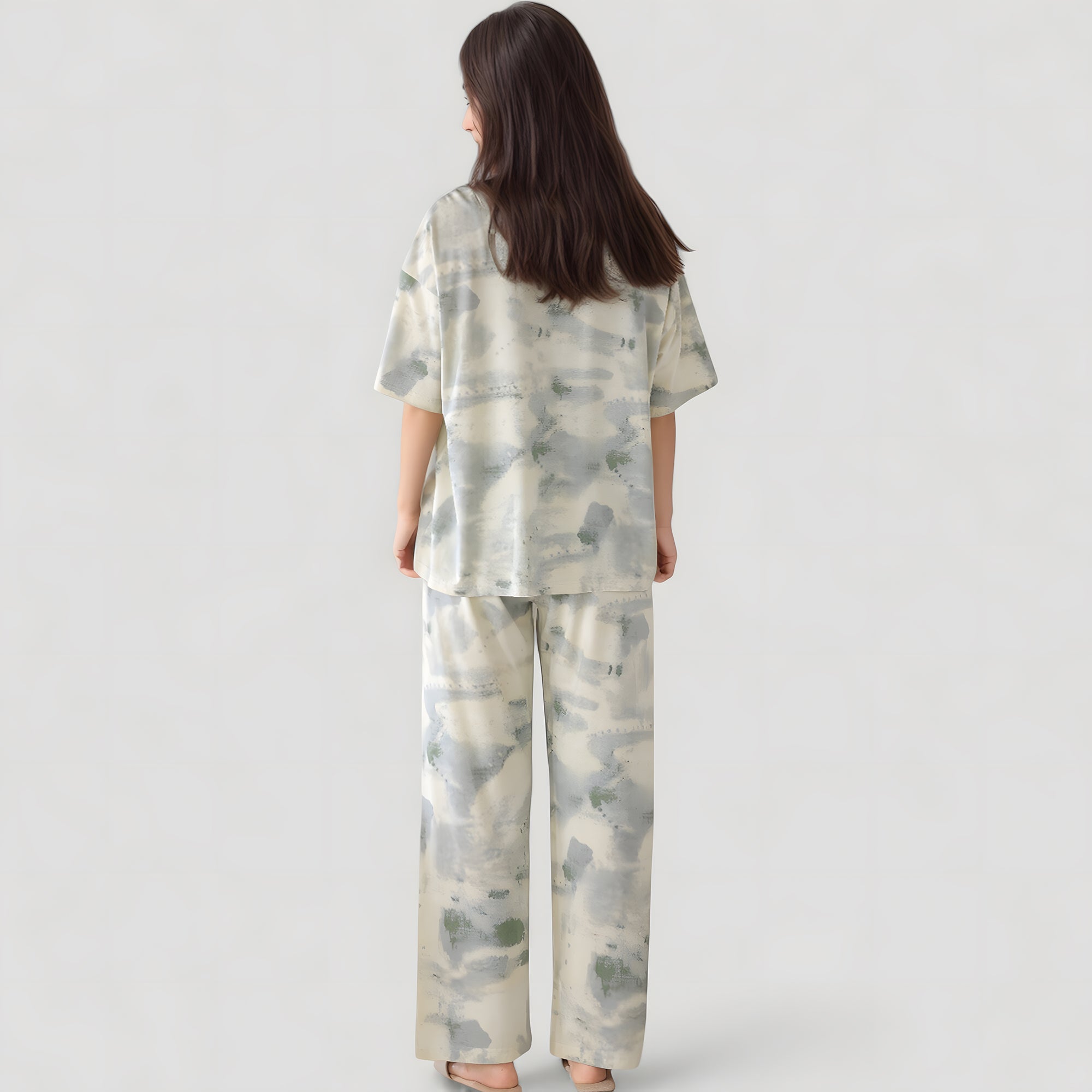 Anna-Kaci Lounge Women's Short Sleeve Watercolor Print Satin Pajama Set with Button Up Top and Wide Leg Pants