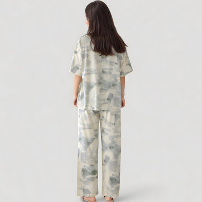 Anna-Kaci Lounge Women's Short Sleeve Watercolor Print Satin Pajama Set with Button Up Top and Wide Leg Pants