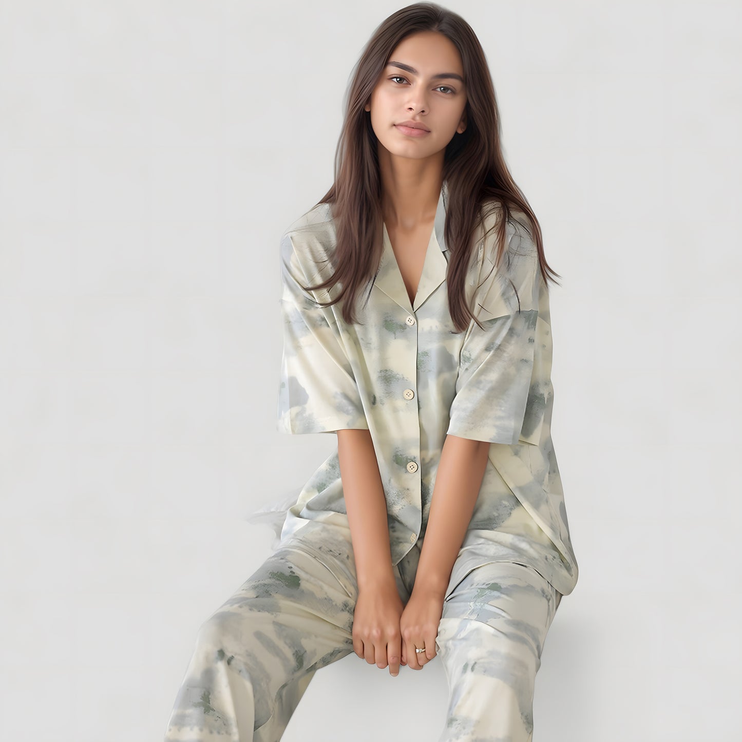 Anna-Kaci Lounge Women's Short Sleeve Watercolor Print Satin Pajama Set with Button Up Top and Wide Leg Pants
