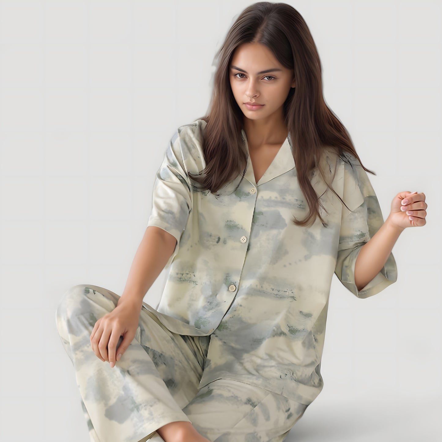 Anna-Kaci Lounge Women's Short Sleeve Watercolor Print Satin Pajama Set with Button Up Top and Wide Leg Pants