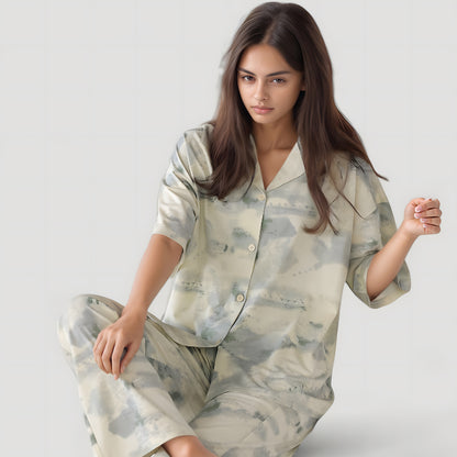 Anna-Kaci Lounge Women's Short Sleeve Watercolor Print Satin Pajama Set with Button Up Top and Wide Leg Pants