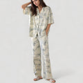Anna-Kaci Lounge Women's Short Sleeve Watercolor Print Satin Pajama Set with Button Up Top and Wide Leg Pants