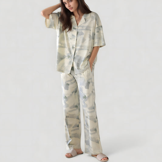 Anna-Kaci Lounge Women's Short Sleeve Watercolor Print Satin Pajama Set with Button Up Top and Wide Leg Pants