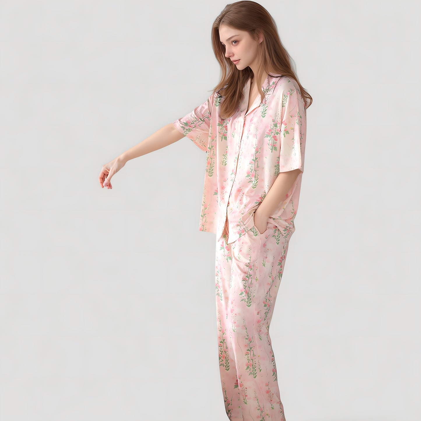 Anna-Kaci Lounge Women's Short Sleeve Watercolor Print Satin Pajama Set with Button Up Top and Wide Leg Pants