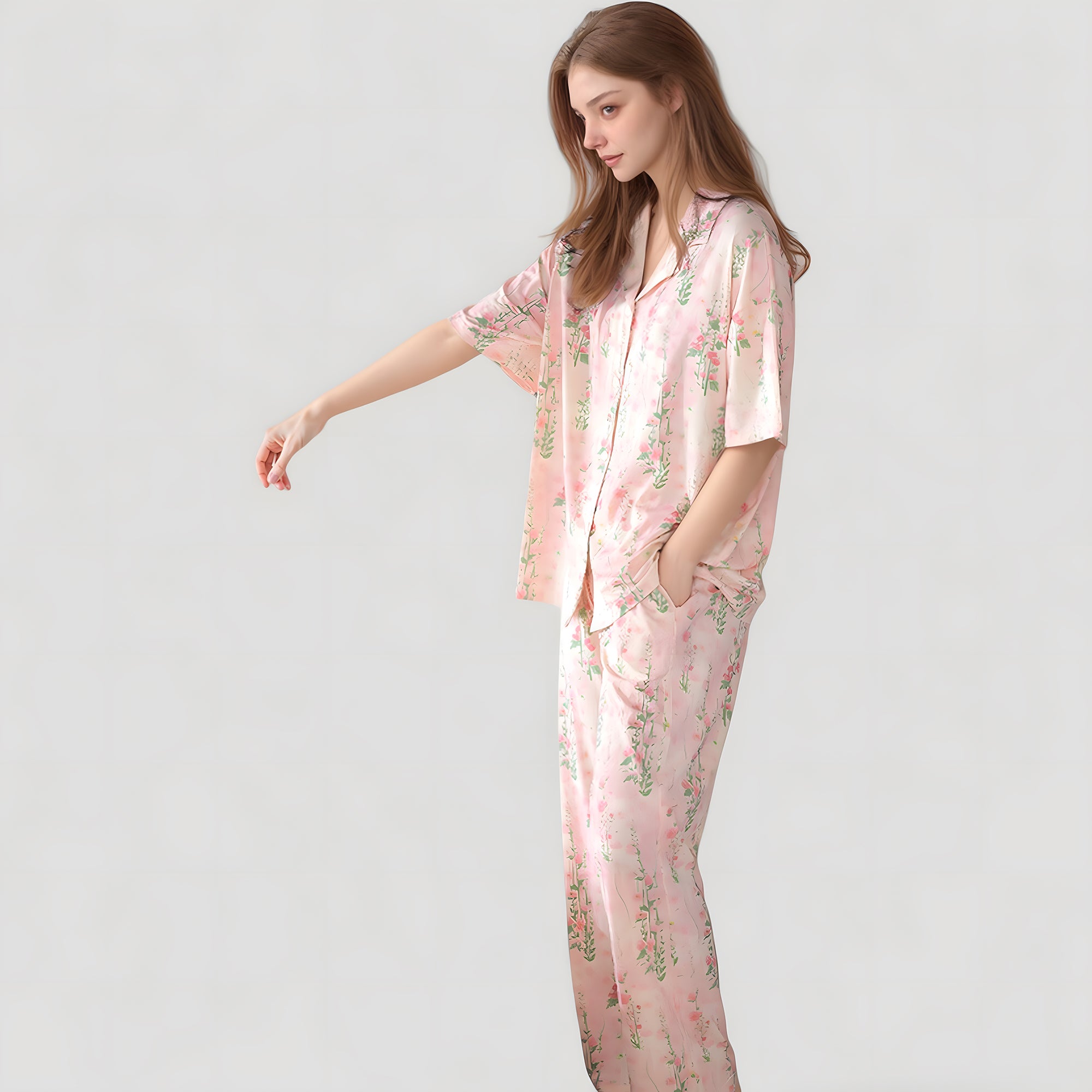 Anna-Kaci Lounge Women's Short Sleeve Watercolor Print Satin Pajama Set with Button Up Top and Wide Leg Pants