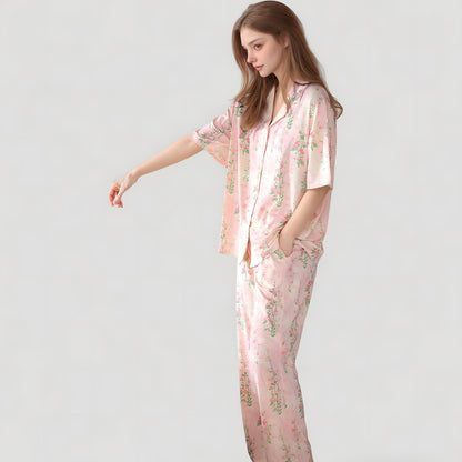 Anna-Kaci Lounge Women's Short Sleeve Watercolor Print Satin Pajama Set with Button Up Top and Wide Leg Pants