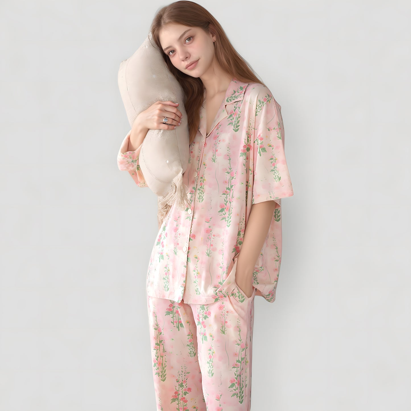 Anna-Kaci Lounge Women's Short Sleeve Watercolor Print Satin Pajama Set with Button Up Top and Wide Leg Pants