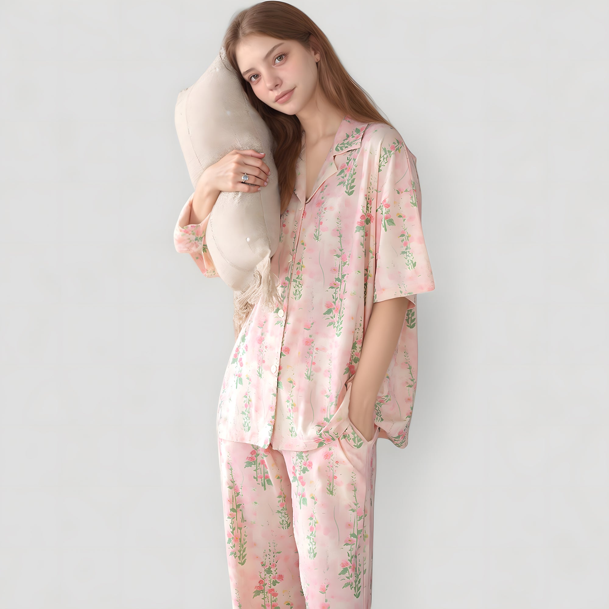 Anna-Kaci Lounge Women's Short Sleeve Watercolor Print Satin Pajama Set with Button Up Top and Wide Leg Pants
