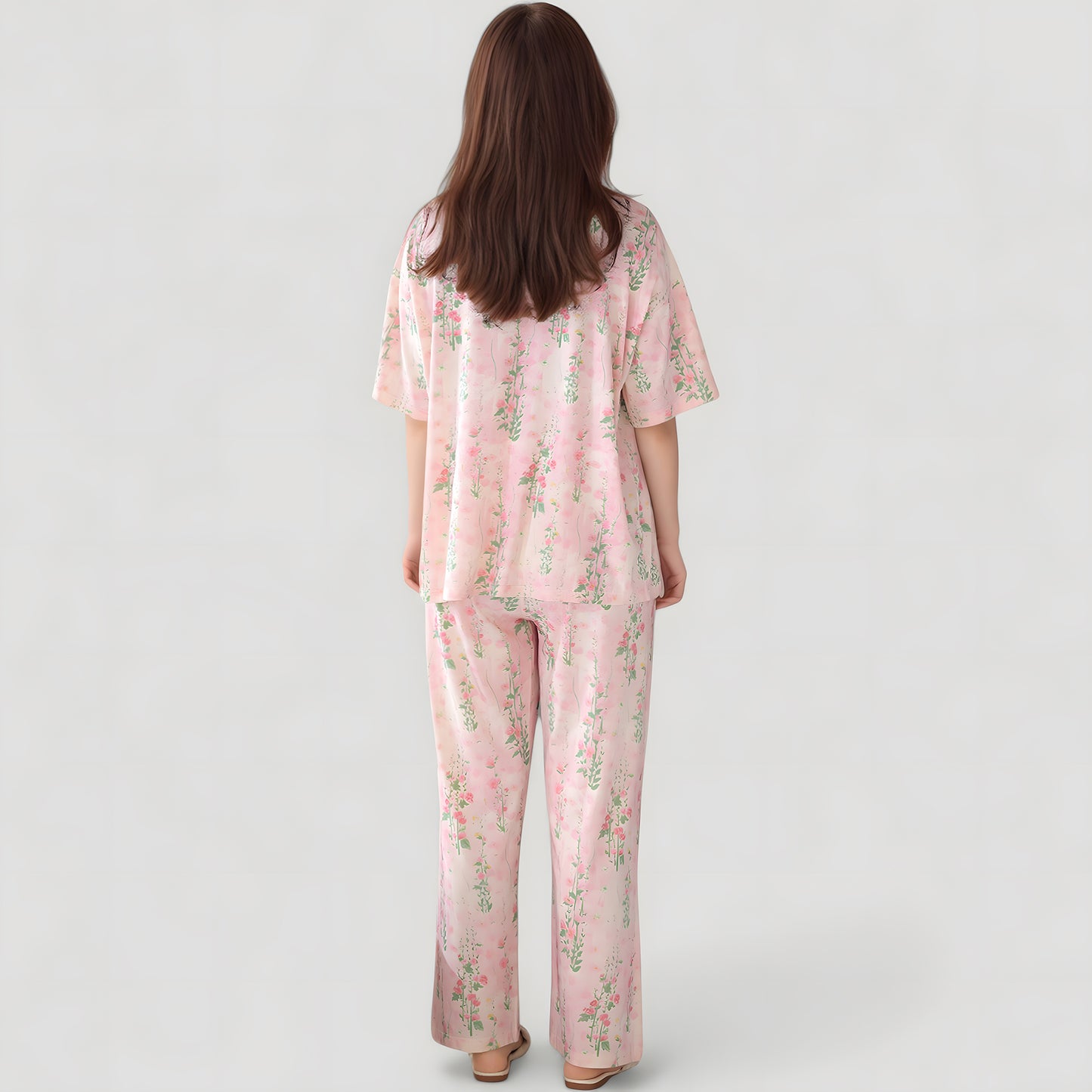 Anna-Kaci Lounge Women's Short Sleeve Watercolor Print Satin Pajama Set with Button Up Top and Wide Leg Pants