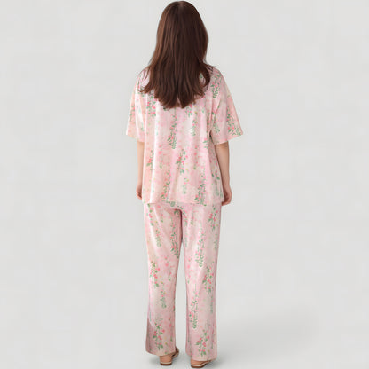 Anna-Kaci Lounge Women's Short Sleeve Watercolor Print Satin Pajama Set with Button Up Top and Wide Leg Pants