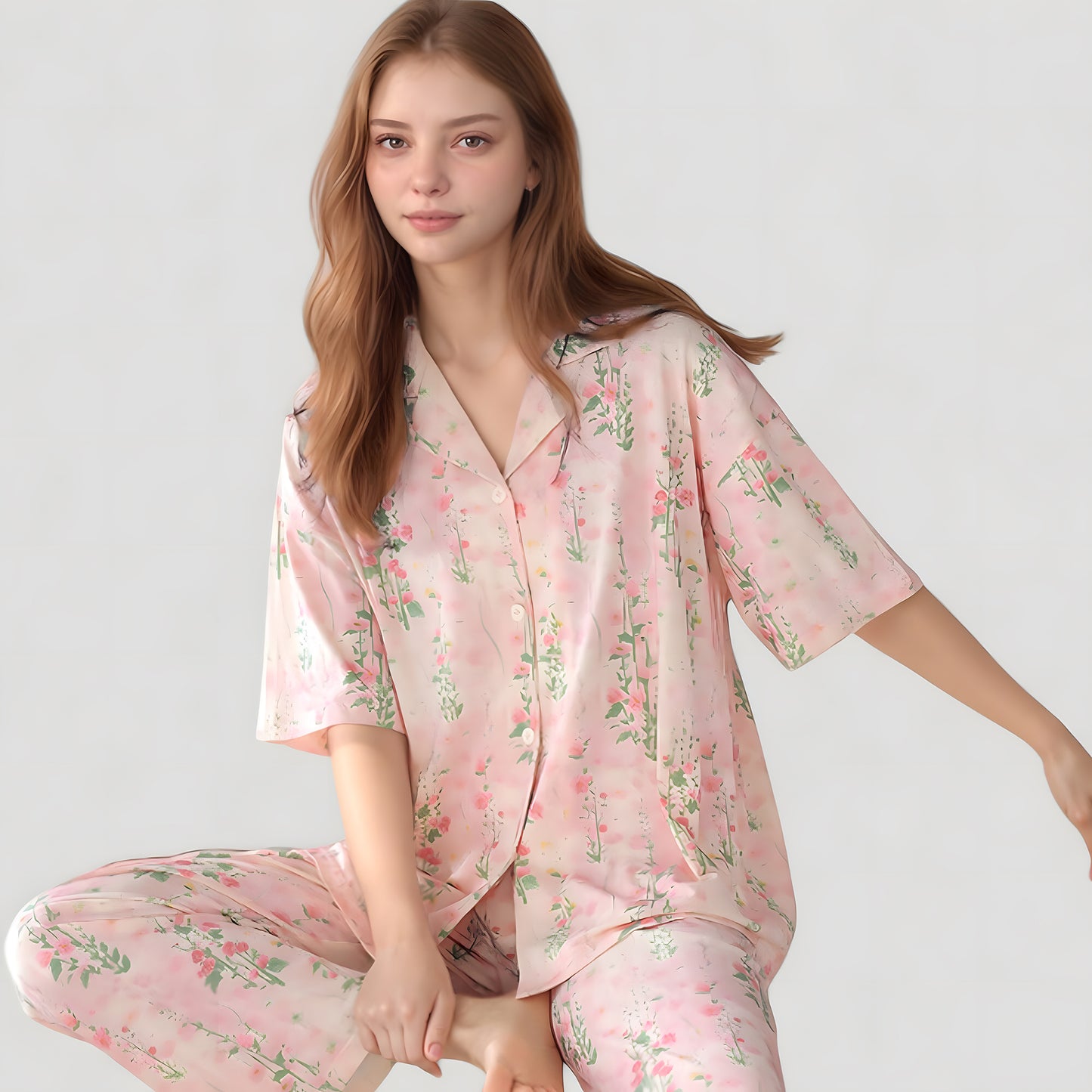 Anna-Kaci Lounge Women's Short Sleeve Watercolor Print Satin Pajama Set with Button Up Top and Wide Leg Pants