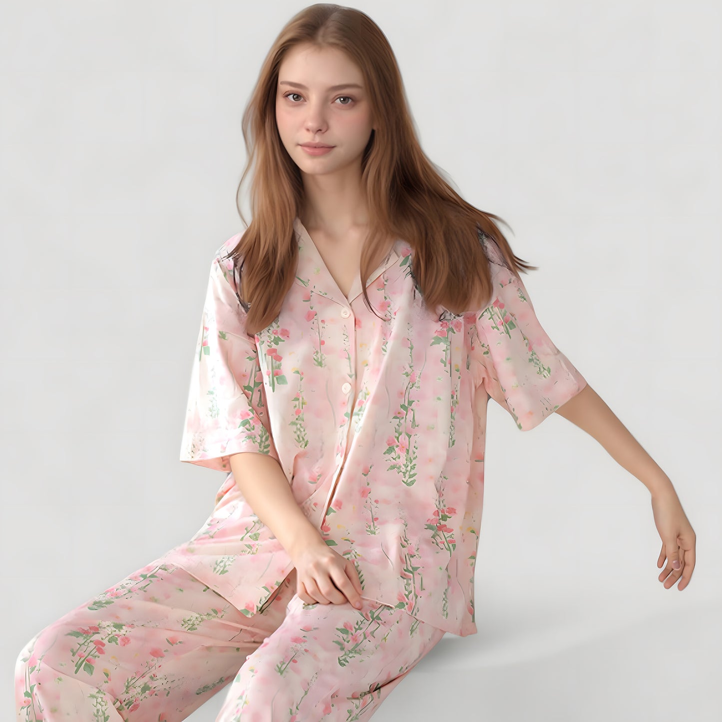 Anna-Kaci Lounge Women's Short Sleeve Watercolor Print Satin Pajama Set with Button Up Top and Wide Leg Pants