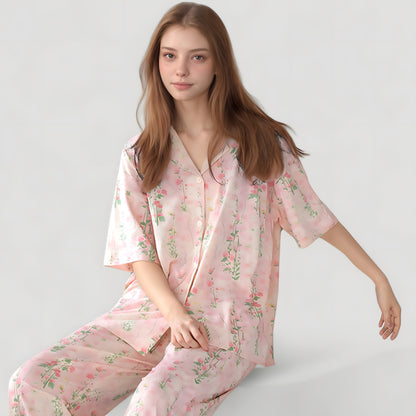 Anna-Kaci Lounge Women's Short Sleeve Watercolor Print Satin Pajama Set with Button Up Top and Wide Leg Pants