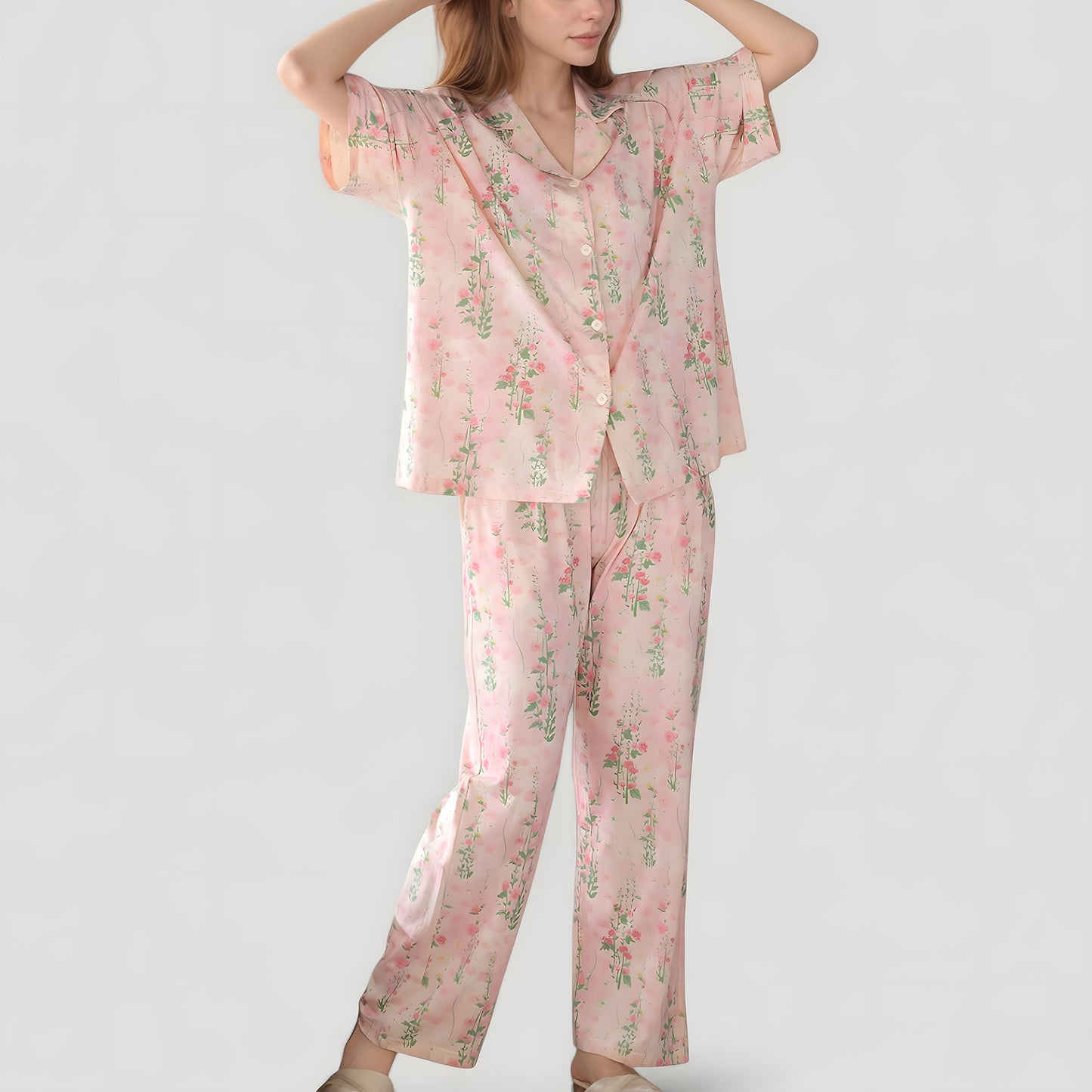Anna-Kaci Lounge Women's Short Sleeve Watercolor Print Satin Pajama Set with Button Up Top and Wide Leg Pants