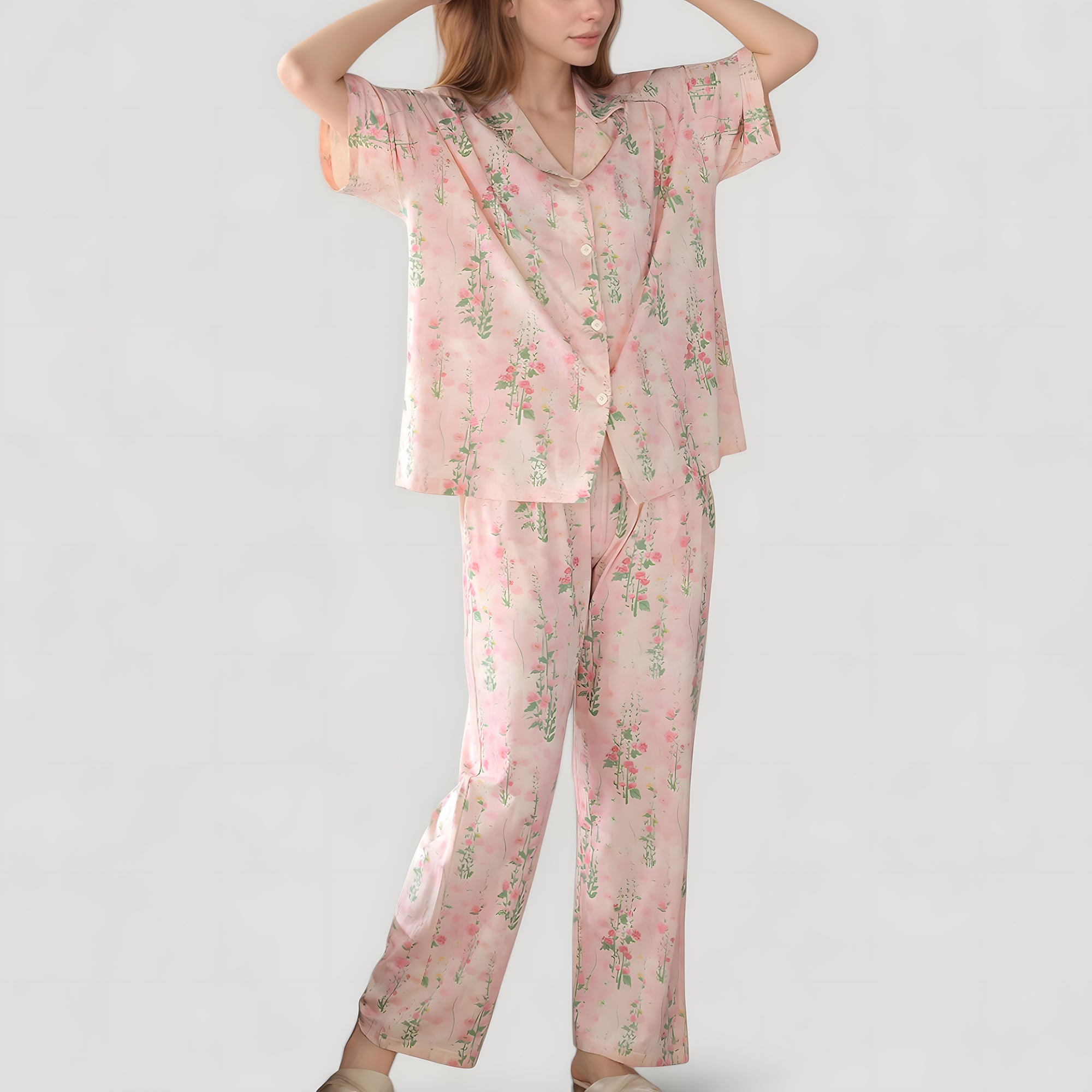 Anna-Kaci Lounge Women's Short Sleeve Watercolor Print Satin Pajama Set with Button Up Top and Wide Leg Pants