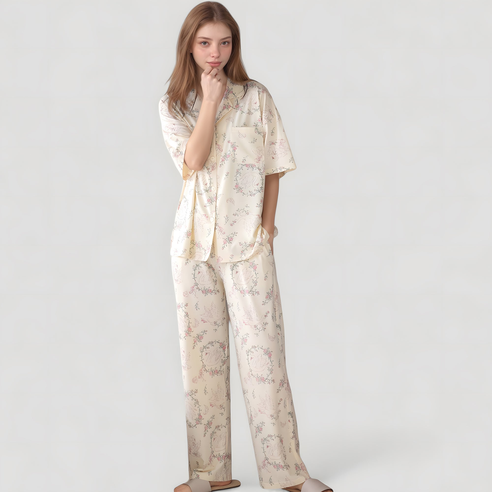 Anna-Kaci Lounge Women's Short Sleeve Watercolor Print Satin Pajama Set with Button Up Top and Wide Leg Pants