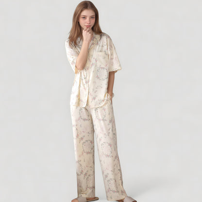 Anna-Kaci Lounge Women's Short Sleeve Watercolor Print Satin Pajama Set with Button Up Top and Wide Leg Pants