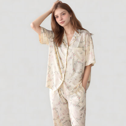 Anna-Kaci Lounge Women's Short Sleeve Watercolor Print Satin Pajama Set with Button Up Top and Wide Leg Pants