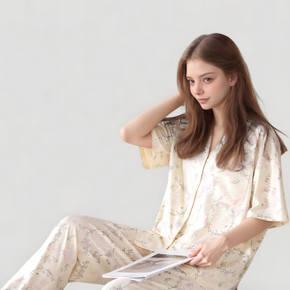 Anna-Kaci Lounge Women's Short Sleeve Watercolor Print Satin Pajama Set with Button Up Top and Wide Leg Pants