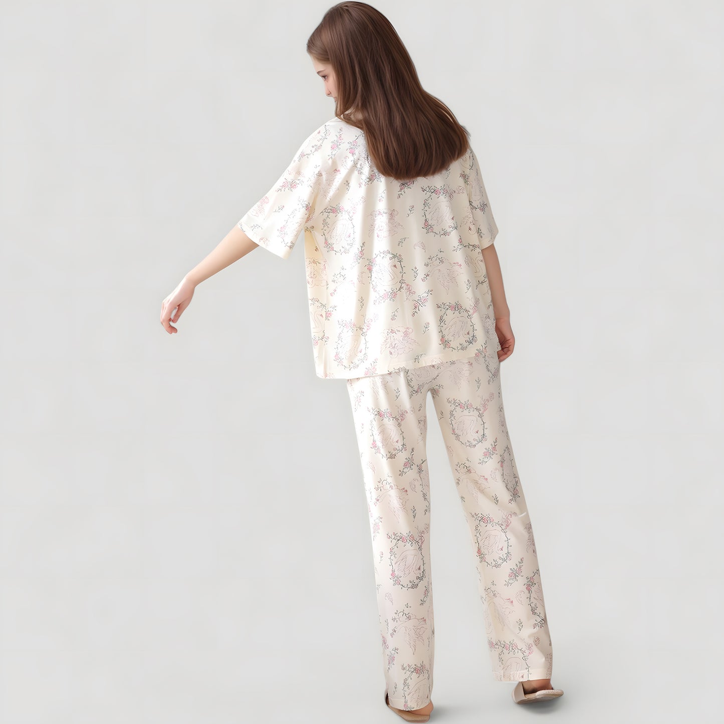 Anna-Kaci Lounge Women's Short Sleeve Watercolor Print Satin Pajama Set with Button Up Top and Wide Leg Pants