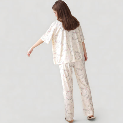Anna-Kaci Lounge Women's Short Sleeve Watercolor Print Satin Pajama Set with Button Up Top and Wide Leg Pants