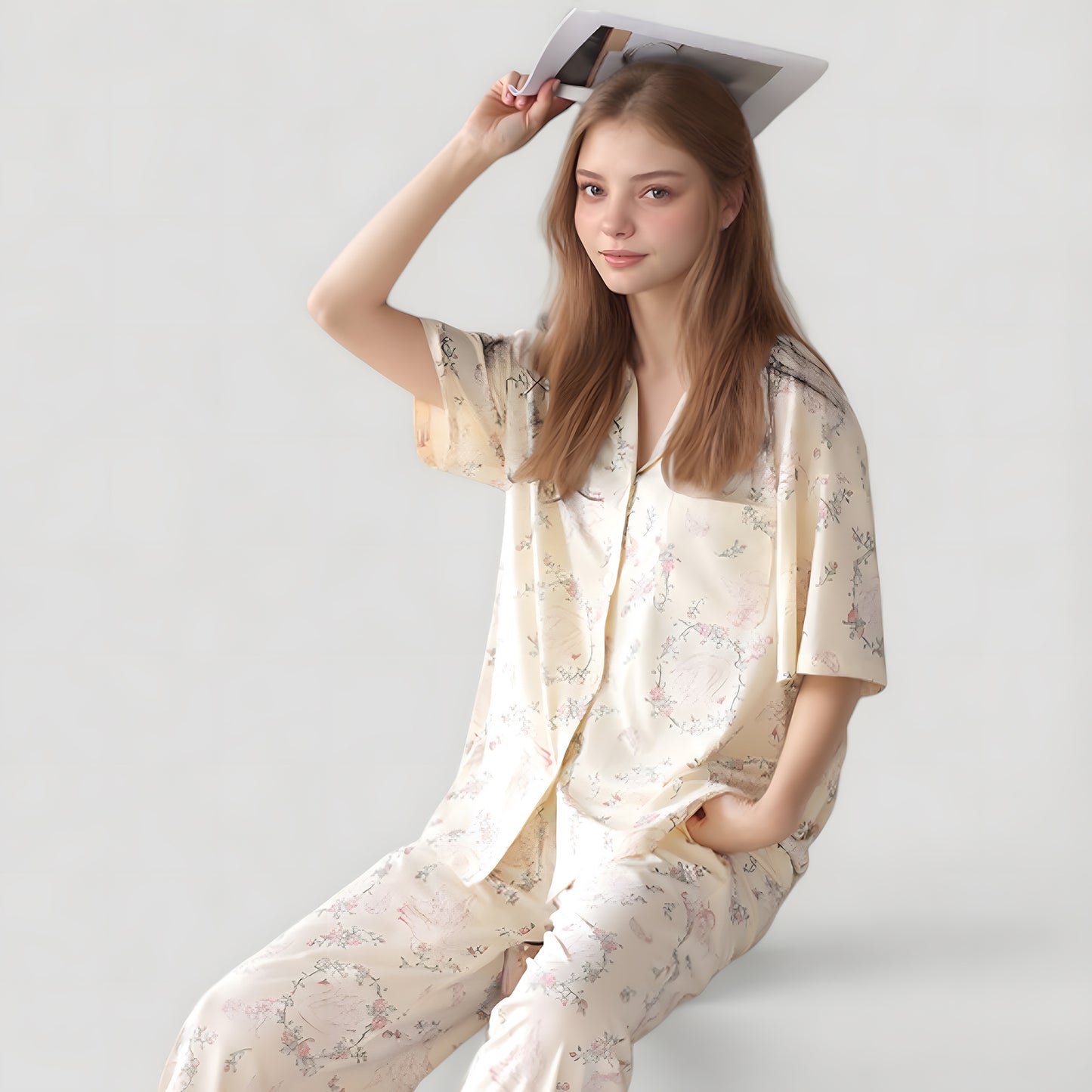 Anna-Kaci Lounge Women's Short Sleeve Watercolor Print Satin Pajama Set with Button Up Top and Wide Leg Pants