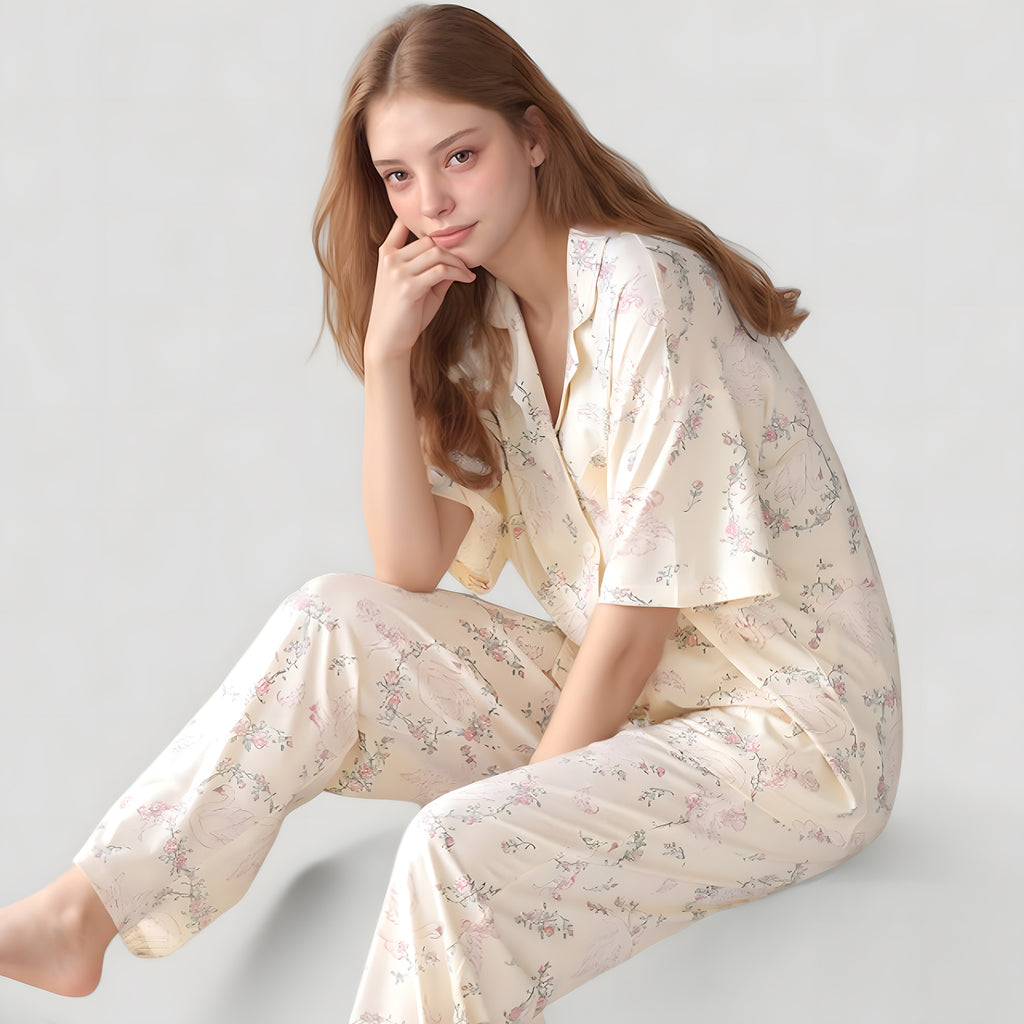 Anna-Kaci Lounge Women's Short Sleeve Watercolor Print Satin Pajama Set with Button Up Top and Wide Leg Pants