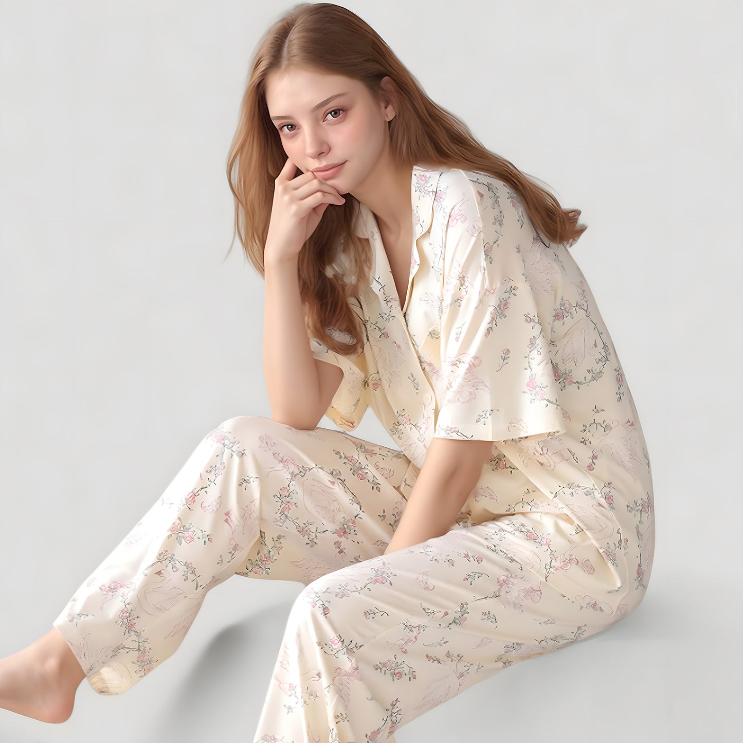 Anna-Kaci Lounge Women's Short Sleeve Watercolor Print Satin Pajama Set with Button Up Top and Wide Leg Pants