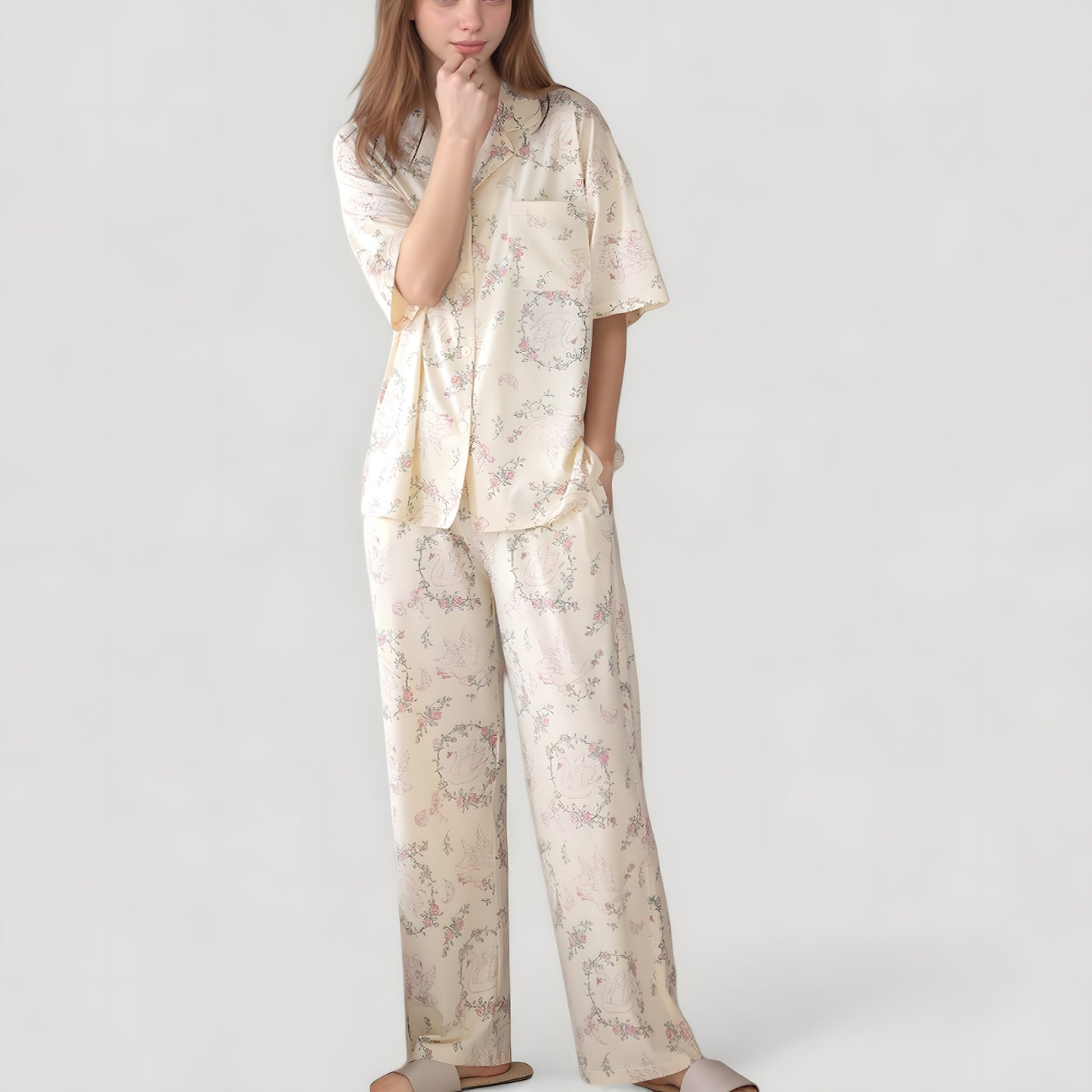 Anna-Kaci Lounge Women's Short Sleeve Watercolor Print Satin Pajama Set with Button Up Top and Wide Leg Pants
