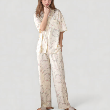 Anna-Kaci Lounge Women's Short Sleeve Watercolor Print Satin Pajama Set with Button Up Top and Wide Leg Pants