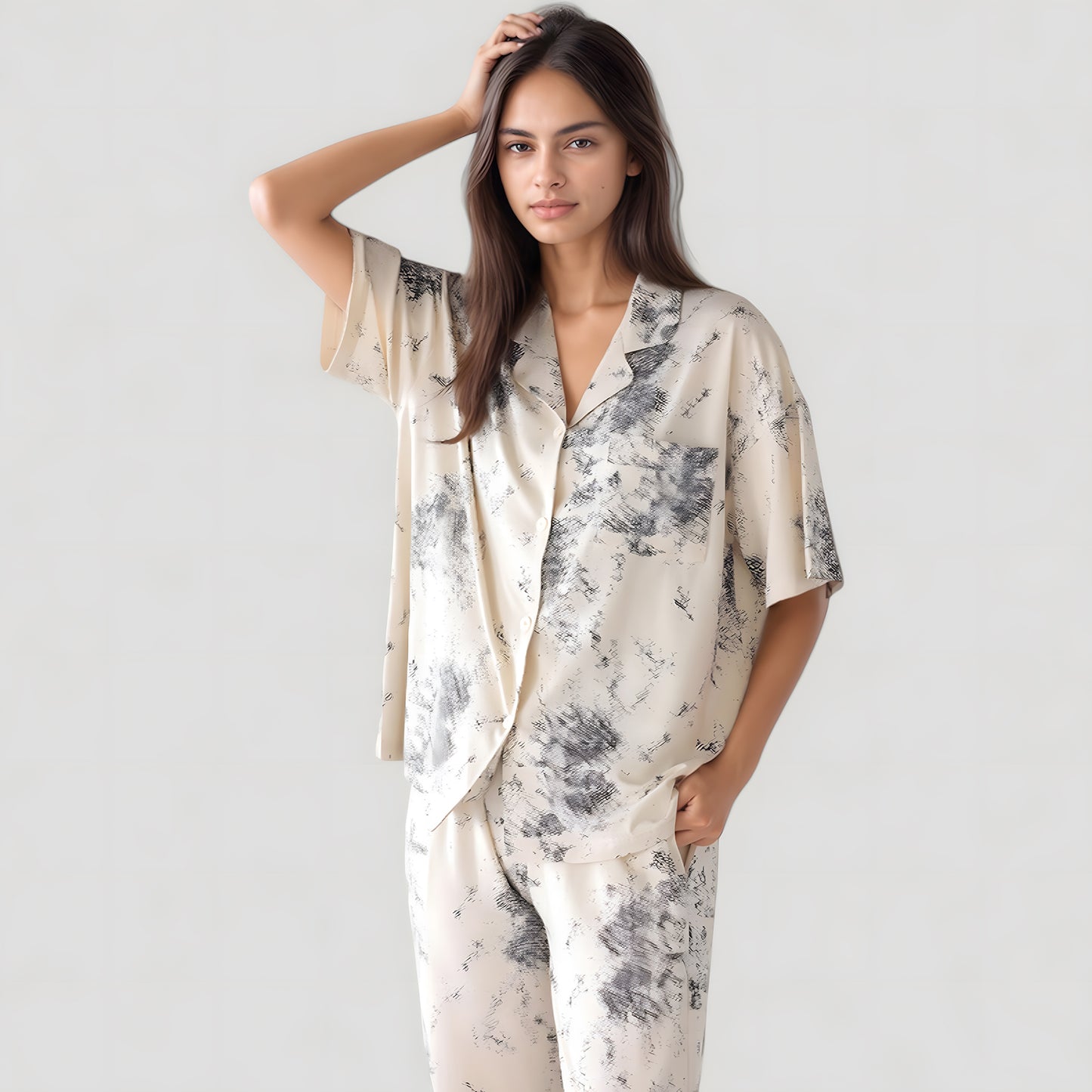 Anna-Kaci Lounge Women's Short Sleeve Watercolor Print Satin Pajama Set with Button Up Top and Wide Leg Pants