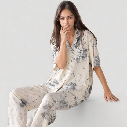 Anna-Kaci Lounge Women's Short Sleeve Watercolor Print Satin Pajama Set with Button Up Top and Wide Leg Pants