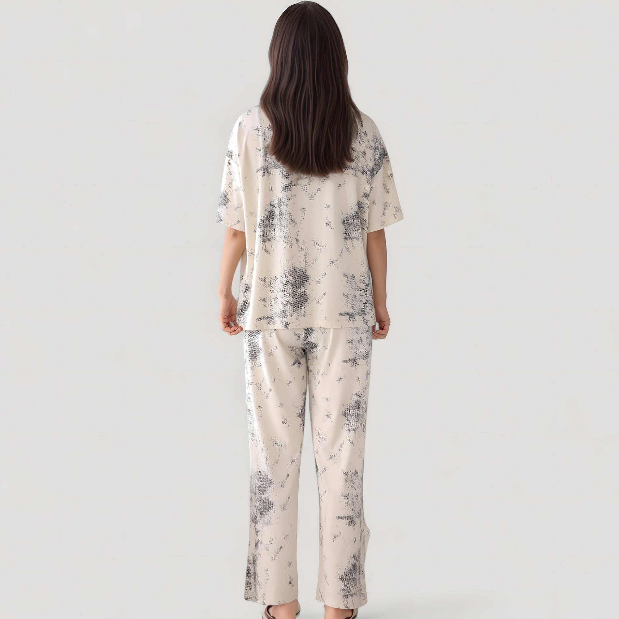 Anna-Kaci Lounge Women's Short Sleeve Watercolor Print Satin Pajama Set with Button Up Top and Wide Leg Pants