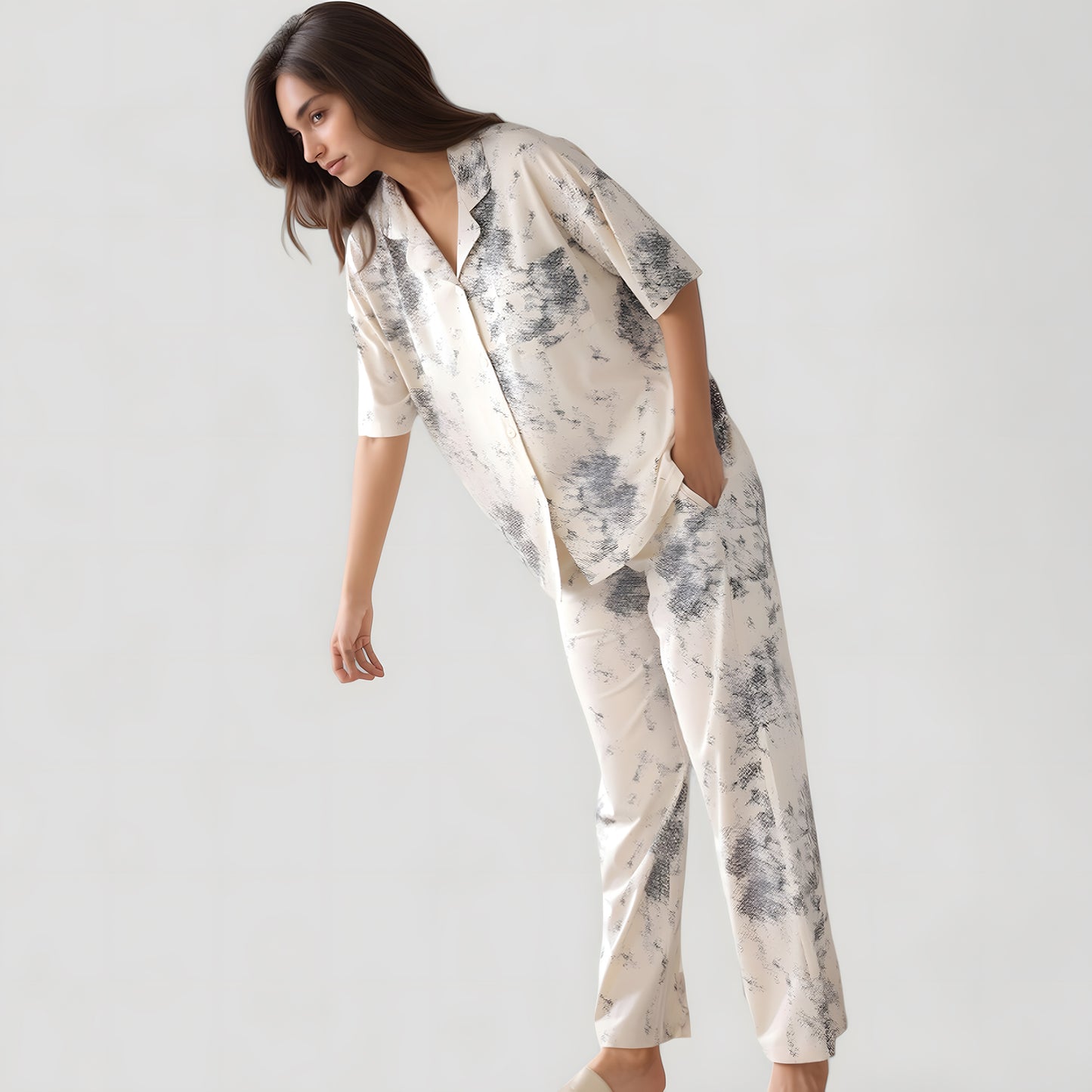 Anna-Kaci Lounge Women's Short Sleeve Watercolor Print Satin Pajama Set with Button Up Top and Wide Leg Pants