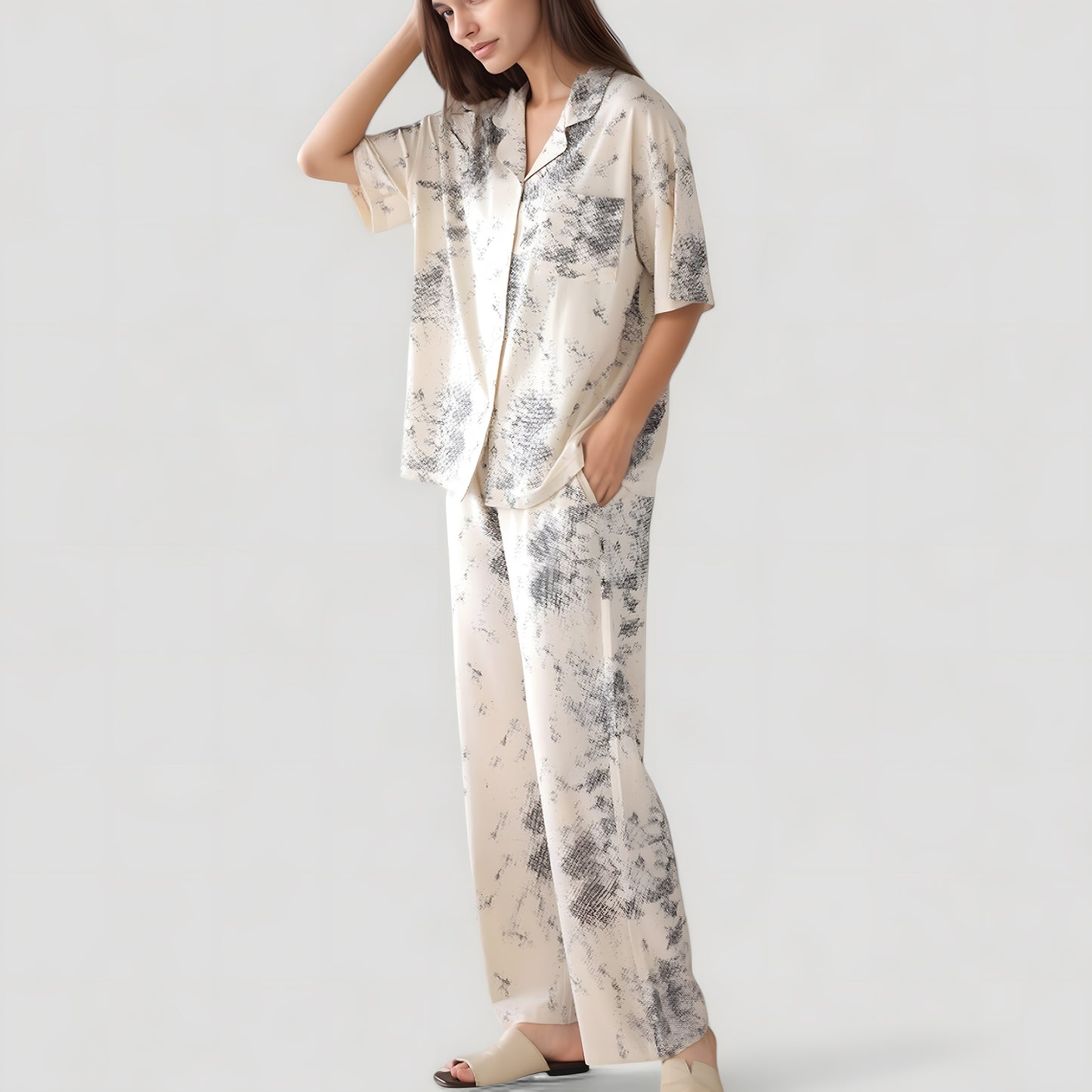 Anna-Kaci Lounge Women's Short Sleeve Watercolor Print Satin Pajama Set with Button Up Top and Wide Leg Pants