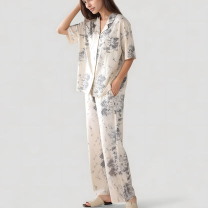 Anna-Kaci Lounge Women's Short Sleeve Watercolor Print Satin Pajama Set with Button Up Top and Wide Leg Pants
