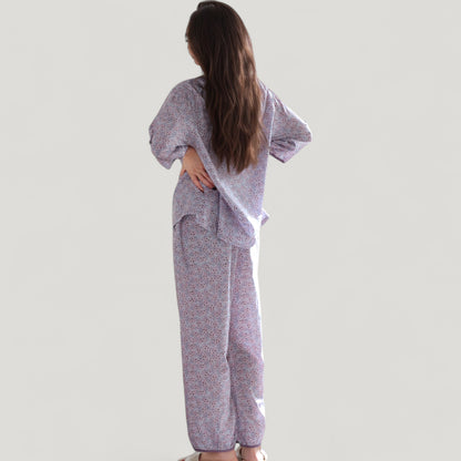 Anna-Kaci Lounge Women's Floral Print Pajama Set with Round Neck Button Front Top and Relaxed Fit Full-Length Lounge Pants