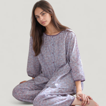 Anna-Kaci Lounge Women's Floral Print Pajama Set with Round Neck Button Front Top and Relaxed Fit Full-Length Lounge Pants