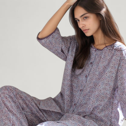 Anna-Kaci Lounge Women's Floral Print Pajama Set with Round Neck Button Front Top and Relaxed Fit Full-Length Lounge Pants