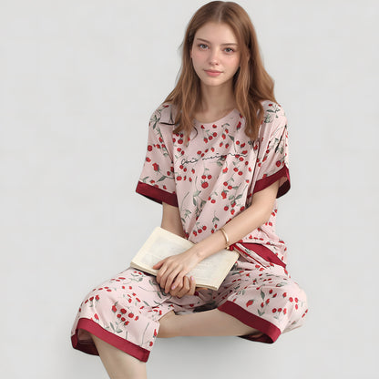 Anna-Kaci Lounge Women's Cherry Print Satin Pajama Set with Short Sleeve Top and Cropped Drawstring Pants