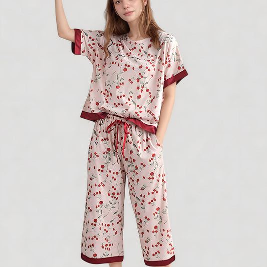 Anna-Kaci Lounge Women's Cherry Print Satin Pajama Set with Short Sleeve Top and Cropped Drawstring Pants