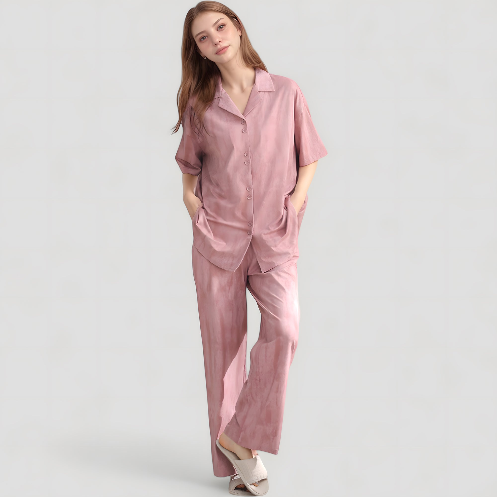 Anna-Kaci Lounge Women's Satin Pajama Set with Short Sleeve Button-Up Top and Wide Leg Pants