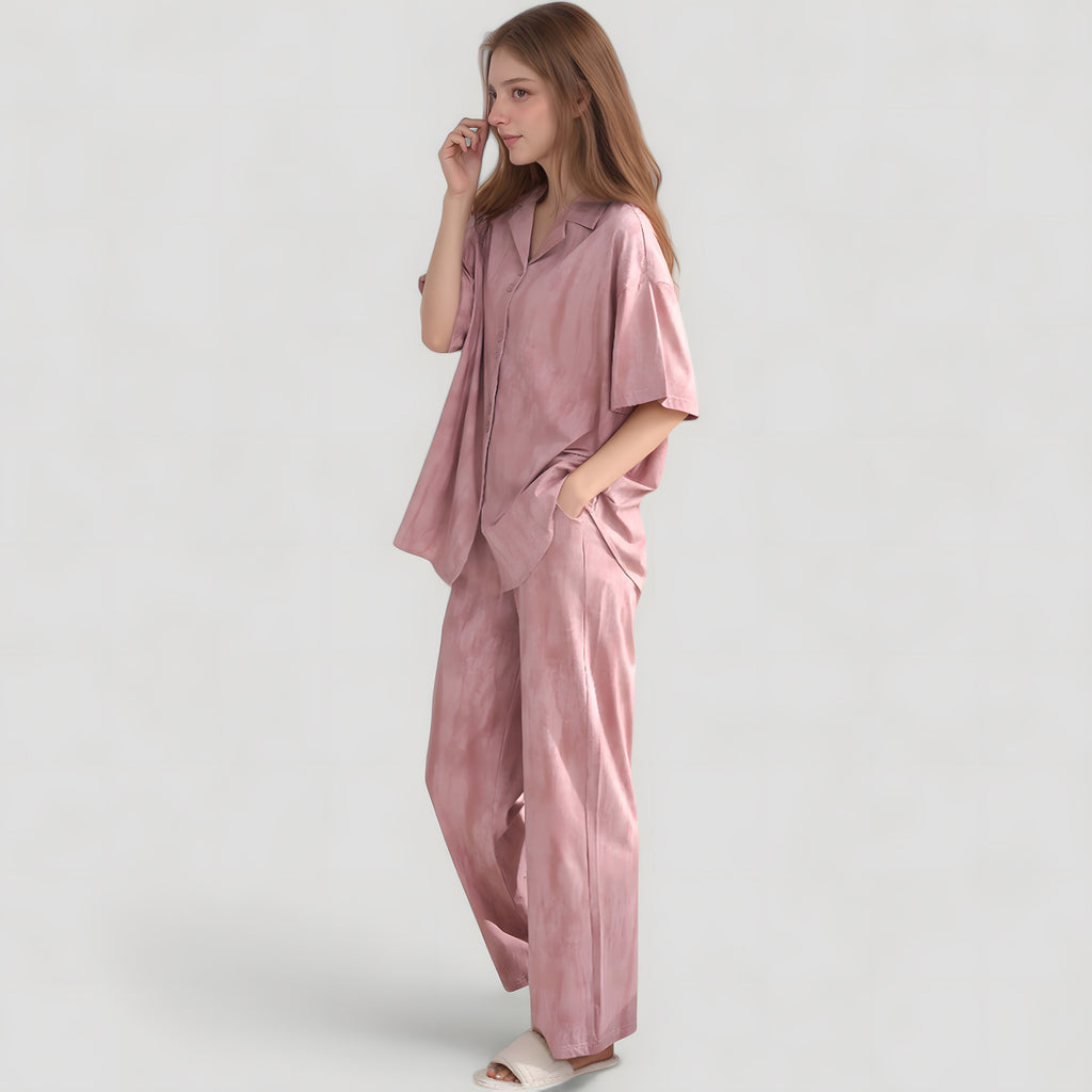 Anna-Kaci Lounge Women's Satin Pajama Set with Short Sleeve Button-Up Top and Wide Leg Pants