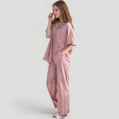 Anna-Kaci Lounge Women's Satin Pajama Set with Short Sleeve Button-Up Top and Wide Leg Pants