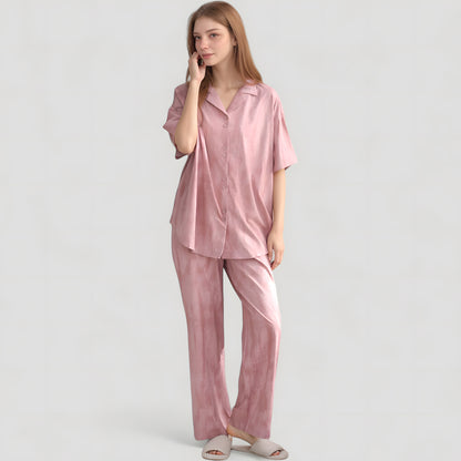 Anna-Kaci Lounge Women's Satin Pajama Set with Short Sleeve Button-Up Top and Wide Leg Pants