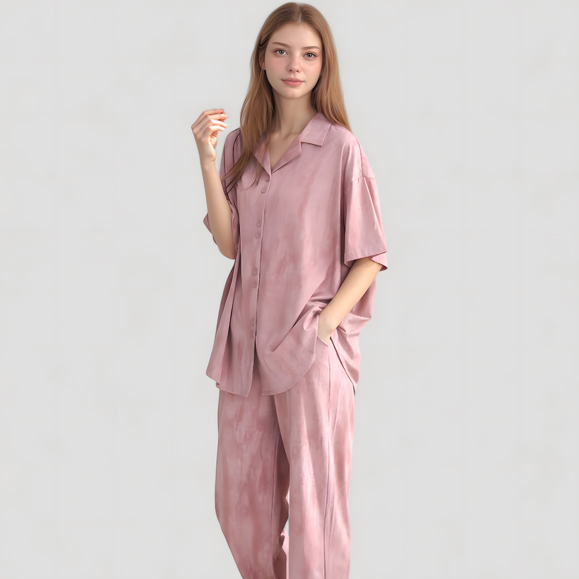 Anna-Kaci Lounge Women's Satin Pajama Set with Short Sleeve Button-Up Top and Wide Leg Pants