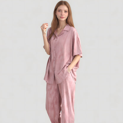 Anna-Kaci Lounge Women's Satin Pajama Set with Short Sleeve Button-Up Top and Wide Leg Pants