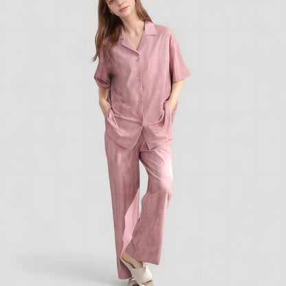 Anna-Kaci Lounge Women's Satin Pajama Set with Short Sleeve Button-Up Top and Wide Leg Pants