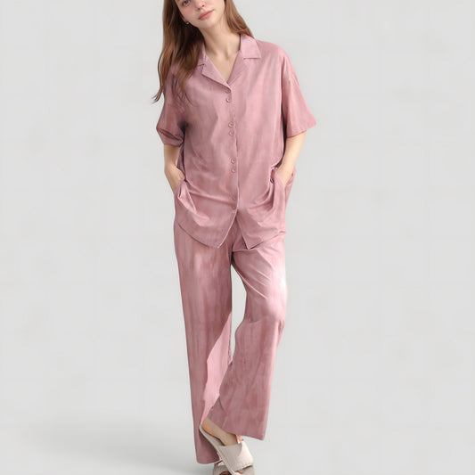 Anna-Kaci Lounge Women's Satin Pajama Set with Short Sleeve Button-Up Top and Wide Leg Pants
