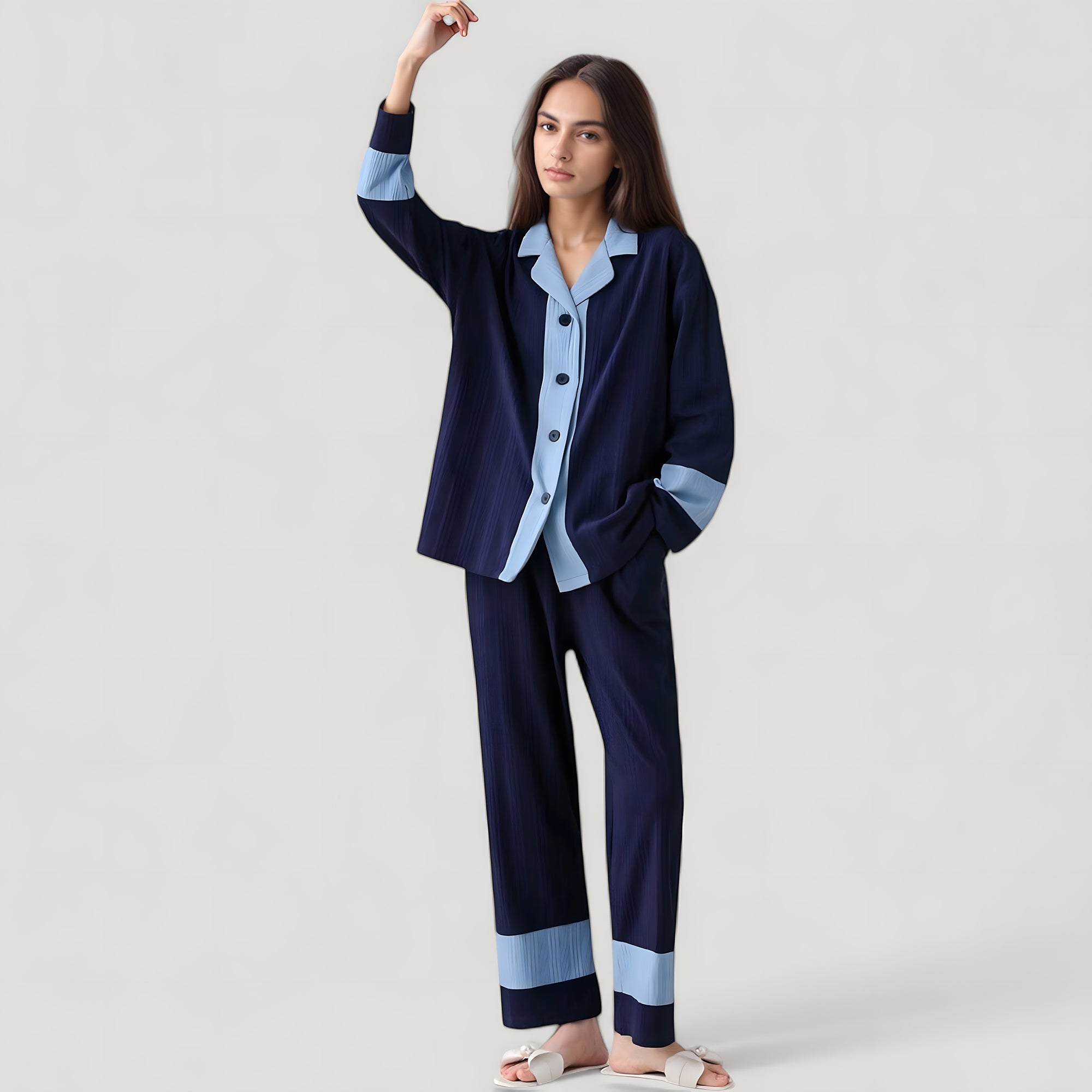Anna-Kaci Lounge Women's Colorblock Pajama Set with Contrast Trim Long Sleeve Button Top and Straight Leg Pants